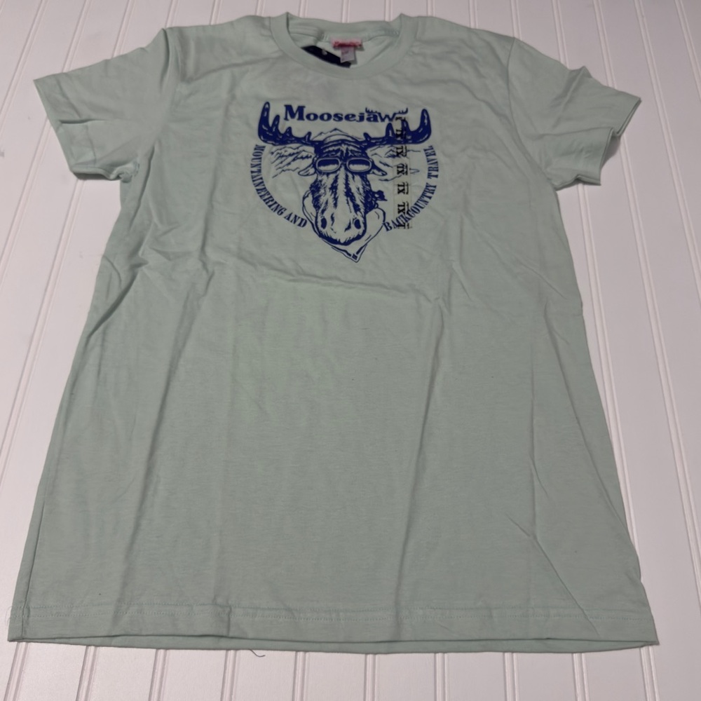 Moosejaw Fitted Light Green Tee with Blue Moosejaw Graphic in XL